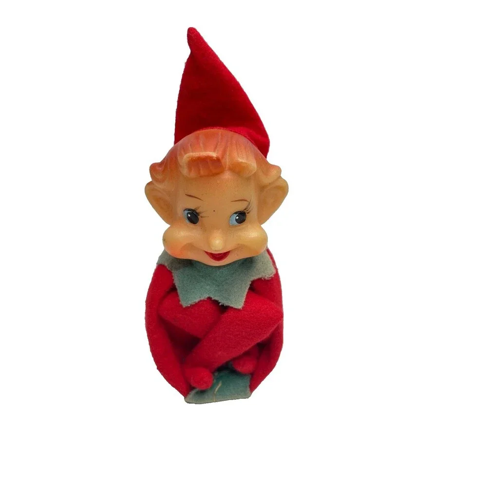Japan Elf Knee Hugger Rubber Face Red Green Felt Not Colorfast Christmas VTG